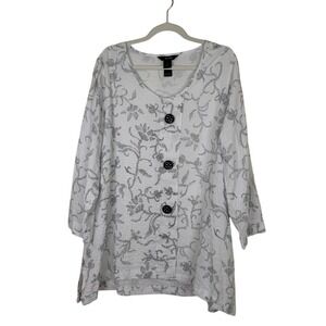 Ali Miles Womens Floral Print Texture Gauzy Tunic Top White Button Artsy Boho XL